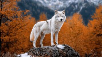 Majestic Arctic Wolf Standing on Rock Autumnal Forest Background photo