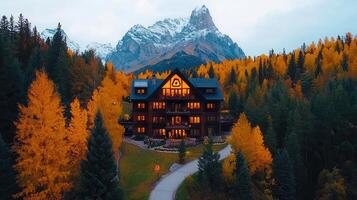 Luxurious Mountain Lodge Nestled in Vibrant Autumn Foliage with Majestic Peak Views photo