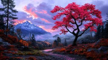 Serene Autumn Landscape Pink Tree Mountain Stream Sunset photo