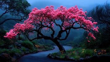 Serene Pink Blossom Tree in Twilight Garden Path Landscape Photography photo