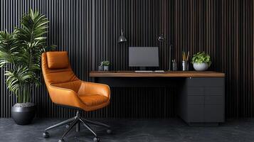 Modern Home Office Workspace with Leather Chair Desk and Plants photo