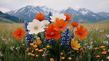 Vibrant Wildflower Bouquet in Mountain Meadow Blooming Cosmos Lupine and More photo