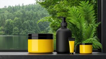 Luxury Yellow Black Cosmetic Products Displayed by Window with Greenery photo