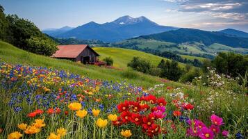 Vibrant Wildflower Meadow Rustic Cabin Mountain Landscape Panorama photo