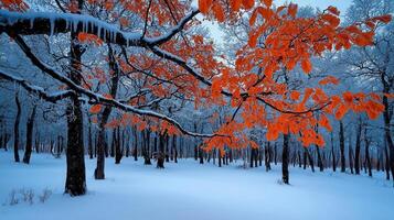 Stunning Winter Wonderland Snow Covered Forest with Vibrant Orange Leaves photo