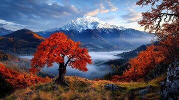 Majestic Autumn Mountain Landscape Vibrant Red Tree Snow capped Peaks Misty Valley photo