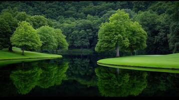 Serene Green Landscape Picturesque Pond Lush Trees and Reflecting Waters photo