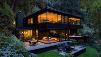Modern Black House Luxurious Night View Forest Setting Deck Architecture photo