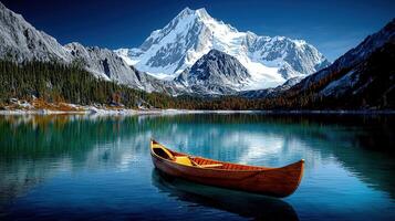 Serene Wooden Rowboat on a Calm Mountain Lake with Majestic Snow Capped Peaks photo