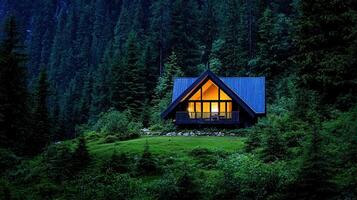 Secluded A Frame Cabin in Dark Forest at Night Illuminated Windows photo