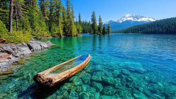 Serene Mountain Lake with Crystal Clear Water and a Rustic Log Boat photo