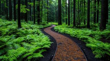 Serpentine Forest Path Winding Trail Through Lush Green Ferns and Tall Trees photo