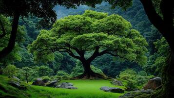 Majestic Green Tree in Lush Forest Landscape Tranquil Nature Scene Serenity photo