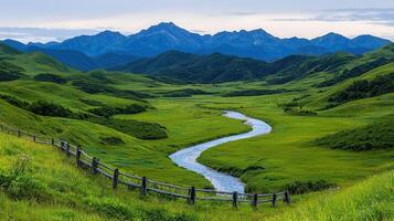Serene River Winding Through Lush Green Valley Majestic Mountain Range Background photo