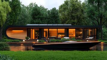 Modern Lakeside House with Solar Panels and Luxury Boat at Dusk photo