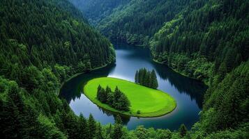 Serene River Winding Through Lush Green Forest Landscape Island in River photo