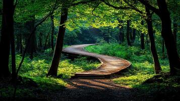 Serpentine Wooden Path Winding Through Lush Green Summer Forest photo