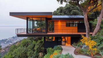 Modern Hillside Home with Ocean View Solar Panels and Stunning Architecture photo