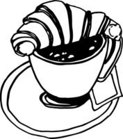 Sketch cup of coffee and croissant hand drawn outline isolated illustration vector