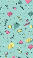Seamless Memphis pattern with abstract geometric shapes, squiggles, and dots in pastel colors on a torquise background. vector