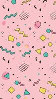 Seamless Memphis pattern with abstract geometric shapes, squiggles, and dots in pastel colors on a pink background. vector