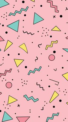 Seamless Memphis pattern with abstract geometric shapes on a pink background.