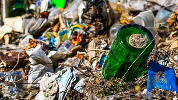 old green bottle, wild garbage dump photo