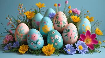 Set of cute colorful 3d realistic Easter eggs on isolated background, decorative elements collection photo