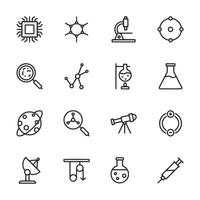 A set of science icons including a microscope, a telescope, a flask, a syringe vector