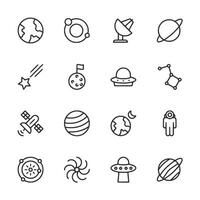 A set of space related icons including a planet, a star, a spaceship vector