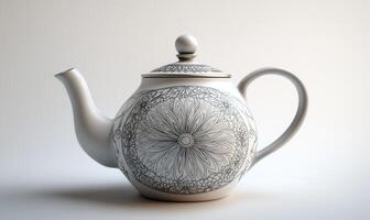 A white and black tea pot with a flower design photo