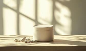 A white container with pills in it sits on a wooden table photo