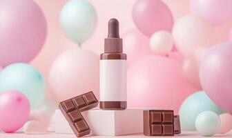 A bottle of chocolate is on a table with a chocolate bar and a bunch of balloons photo