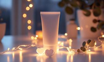 A white tube of lotion is on a table with a bunch of lights around it photo