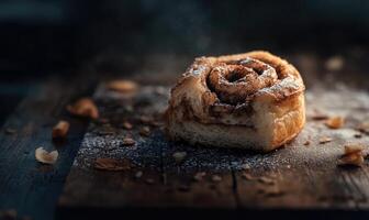 A cinnamon roll with powdered sugar on top photo