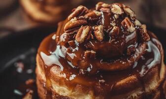 A dessert with a layer of caramel and nuts on top photo
