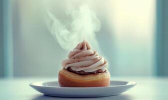 A cupcake with frosting on top of a white plate photo