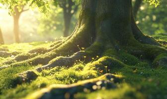 A tree with a large root system is surrounded by grass photo