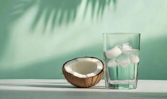 A glass of water with ice cubes in it and a half of a coconut on the table photo