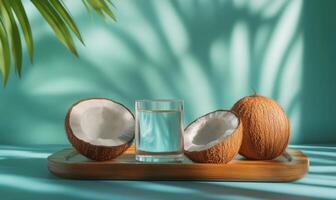 A glass of water is on a wooden tray with two coconuts and a leaf photo