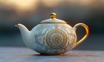 a teapot with a golden lid sitting on a table photo