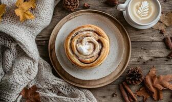 A cinnamon roll sits on a plate on a wooden table photo