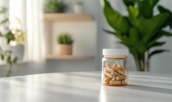 a bottle of pills on a table in front of a plant photo