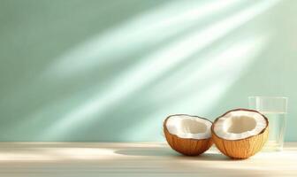 Two open coconuts on a table photo