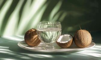 A glass of water is on a plate with two coconuts and a coconut shell photo
