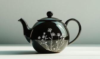 A black tea kettle with a white flower design on it photo