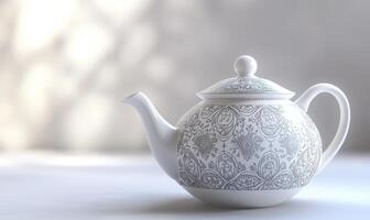 A white tea kettle with a black and white design sits on a table photo