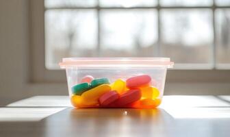 a plastic container filled with colorful pills photo