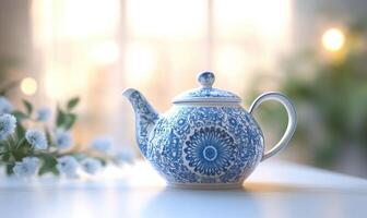 a blue and white teapot on a table with blurred background photo