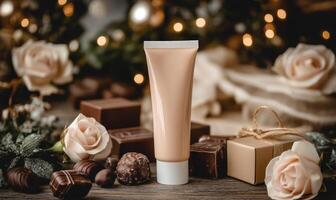 A tube of cream is on a table with a bunch of roses and chocolates photo